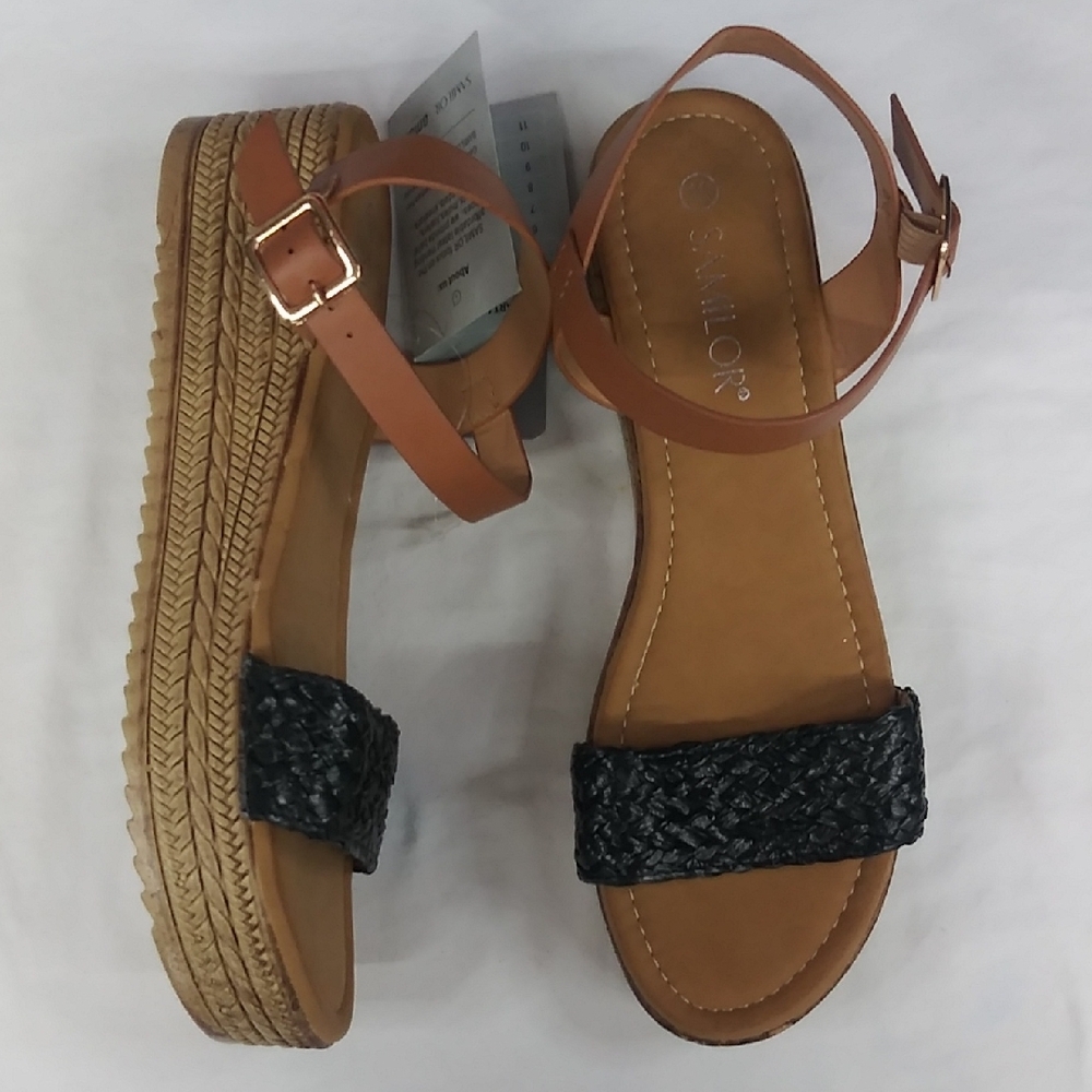 Women's Tan and Black Woven Sandals